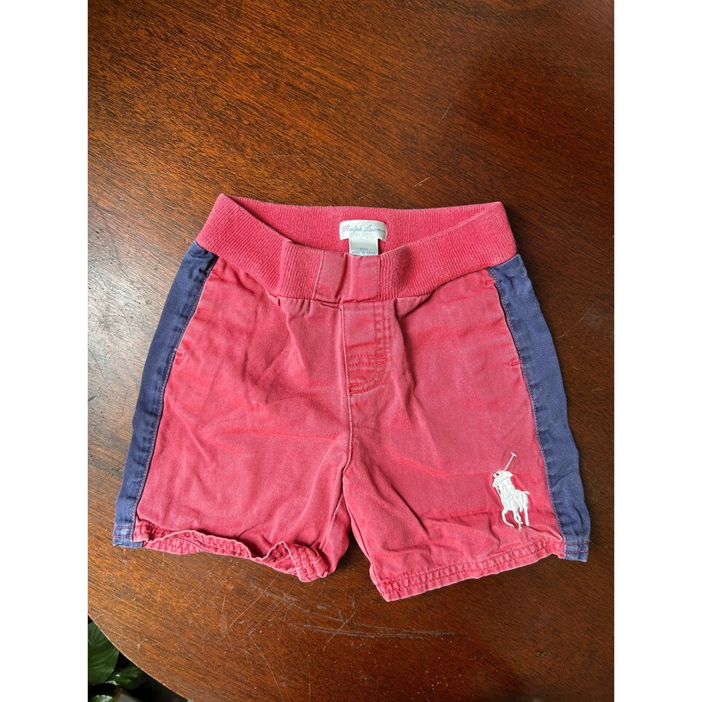 Ralph Lauren Baby Boy Red Navy Side Stripe Pony Logo Cotton Shorts 18M